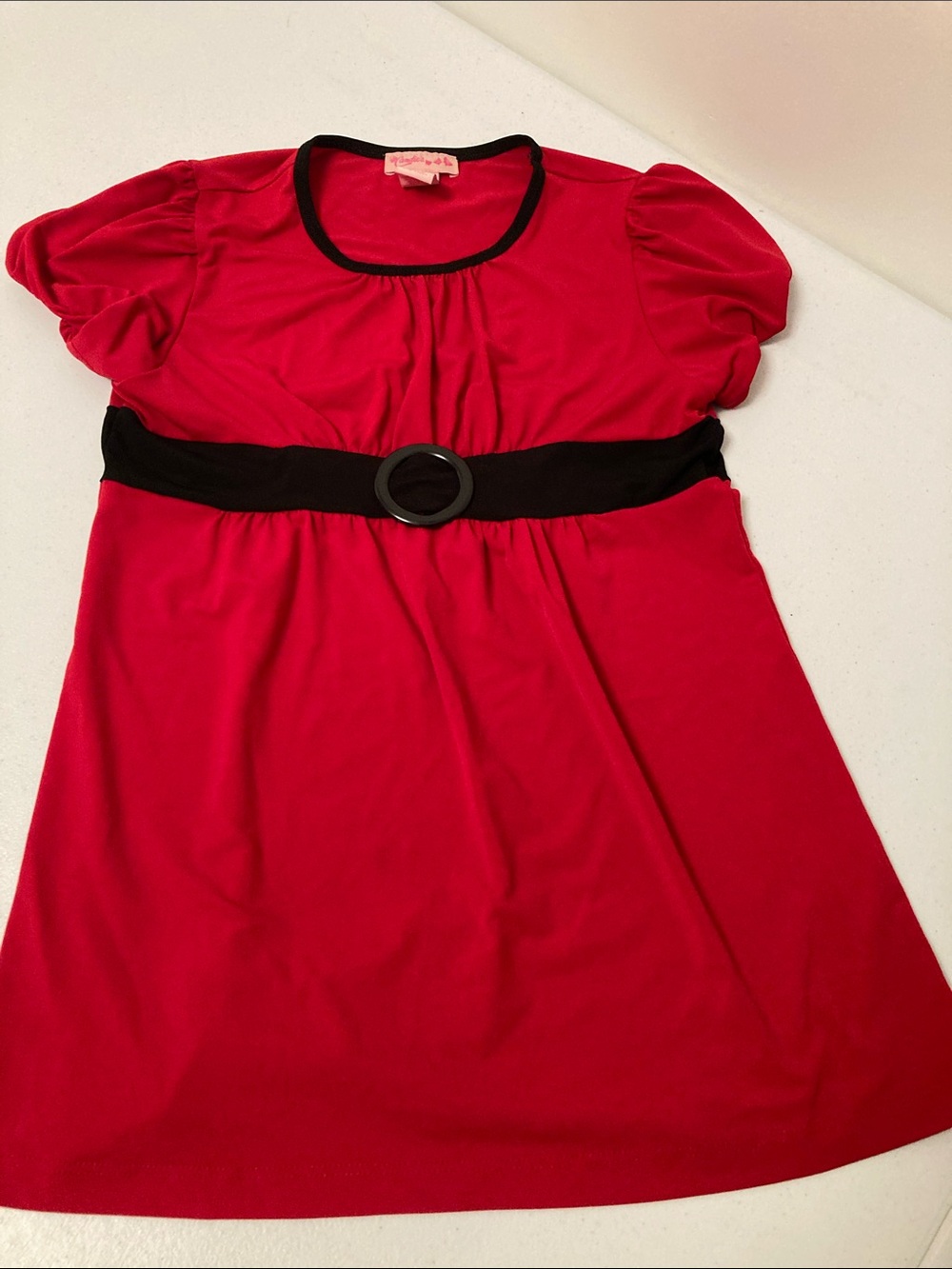 Red Short Sleeve Belted Tunic Top with Black Trim
